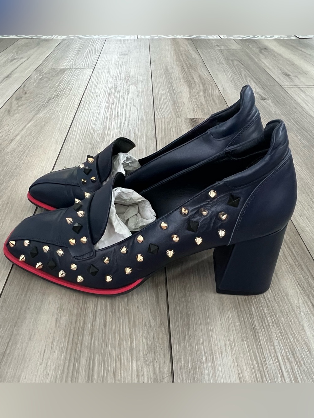 Vinci Infanta Spike Leather Navy Blue Block Heel Pump Shoe women’s 41 / 10